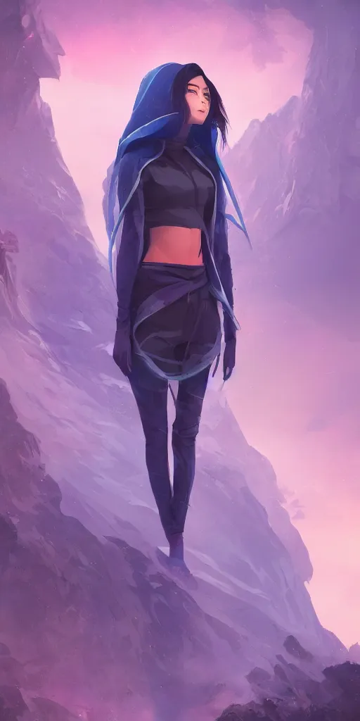 Image similar to beautiful young Himalayan woman, sad, futuristic, somber, iridescent sci-fi hoodie, by Makoto Shinkai and Wojtek Fus, by studio trigger, rossdraws, ambient occlusion