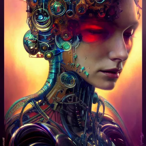 Image similar to extremely psychedelic beautiful cyborg queen of lsd. intricate, elegant, highly detailed, extremely lifelike photorealistic digital painting, artstation. steichen, gaston bussiere, tom bagshaw, cyberpunk alphonse mucha. dark pallet, melancholy. anatomically correct in every way. sultry.