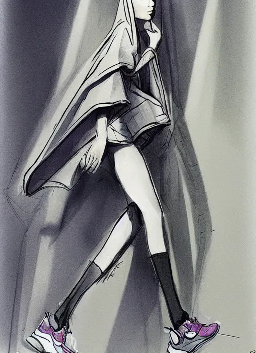 Prompt: a fashion sketch of a futuristic tennis girl wearing yeezy 5 0 0 sneakers and an anorak designed by balenciaga by brian froud and frank frazetta, low angle