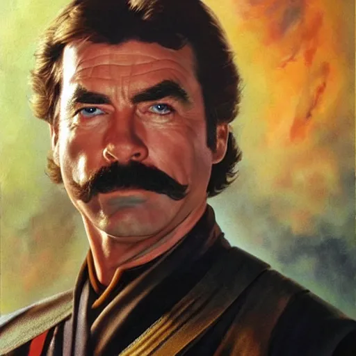 Image similar to ultra realistic portrait painting of tom selleck as anakin skywalker, art by frank frazetta, 4 k, ultra realistic, highly detailed, epic lighting