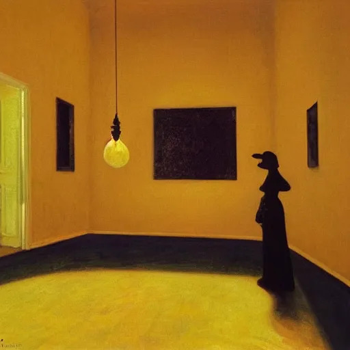 Prompt: a black scary monster in a gold haunted liminal abandoned room, hyperrealistic film still by edward hopper, by gottfried helnwein, by klimt, art noveau, highly detailed, strong lights, liminal, eerie, bright pastel colors,