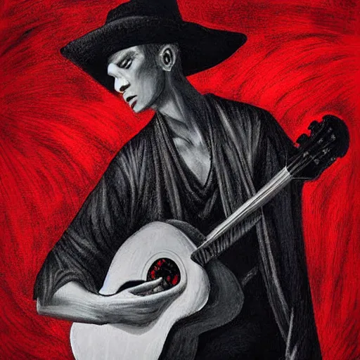 Prompt: black white red realistic painting on black paper, folkloric illustration , the wise guitar player , tarot by Andreas Rocha