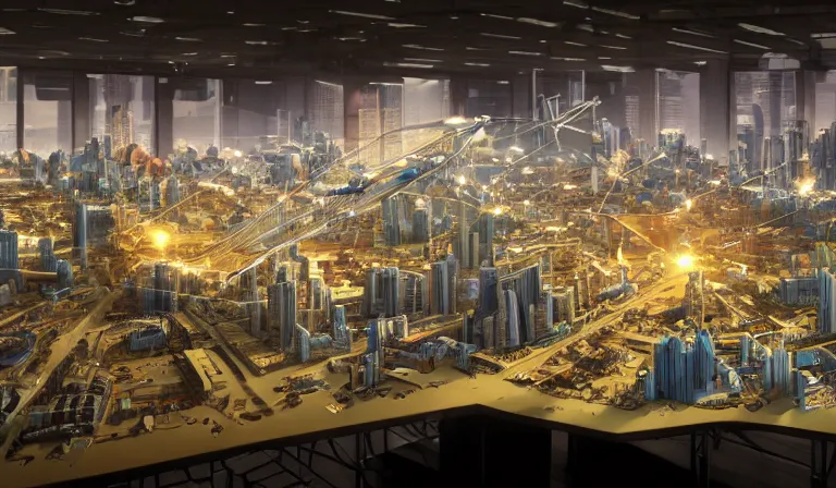 Prompt: large group people in a frame warehouse, looking at hologram of futuristic city on a table, cinematic concept art, godrays, golden hour, natural sunlight, 4 k, clear details, tabletop model buildings, foreground tabletop model, hologram center, crane shot, crane shot, crane shot