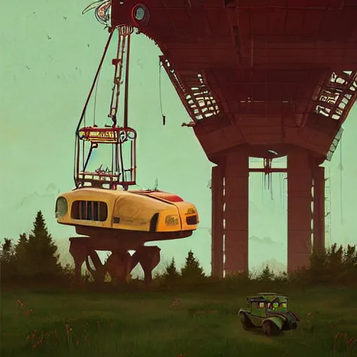 Image similar to an abandoned giant crane shaped like a beetle, art by simon stalenhag