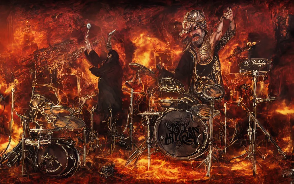 Image similar to khamenei playing drums in heavy metal band in hell hanged, corded, bodies hanged in horizon, skulls around, high definition, trending on artstation, unreal engine, photorealistic, high resolution,, trending on deviantart, hdr, hyper detailed, insane details, intricate, elite, ornate, elegant, luxury, dramatic lighting