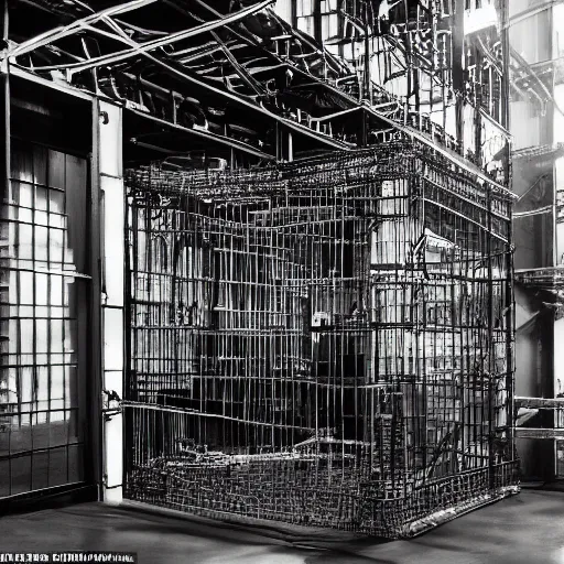 Image similar to creature locked in a cage being studied by scientists in a warehouse, 1 9 2 0's sci - fi, black and white, 8 k, highly ornate intricate details, extreme detail,