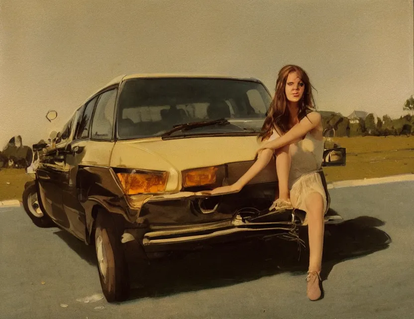 Prompt: girl sitting on a bumper of a car in the early morning, long distance photo, golden hour, bleach bypass, warm tones, beige colors, sunlight, digital 2 d, soft lights, polaroid, high - key lighting, by lisa yuskavage, by serov valentin, by krenz cushart