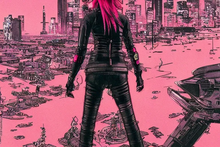 Image similar to punk leather samurai with pink hair. tokyo can be seen in the distance. art in the style of vincent di fate's cyberpunk 2 0 2 0.