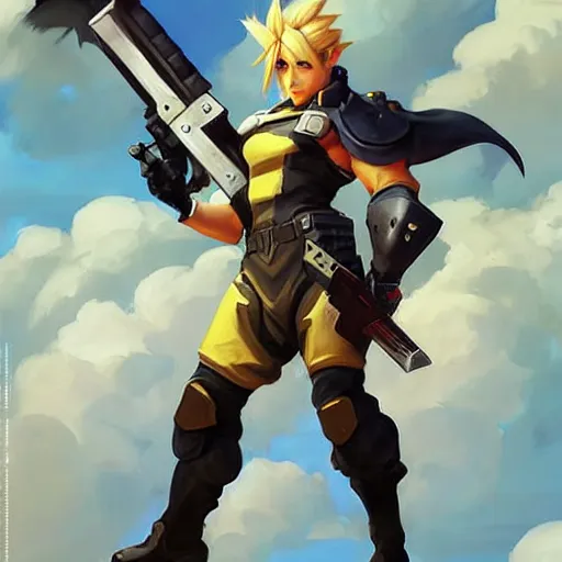 Image similar to Greg Manchess portrait painting o Cloud Strife as Overwatch character, medium shot, asymmetrical, profile picture, Organic Painting, sunny day, Matte Painting, bold shapes, hard edges, street art, trending on artstation, by Huang Guangjian and Gil Elvgren and Sachin Teng