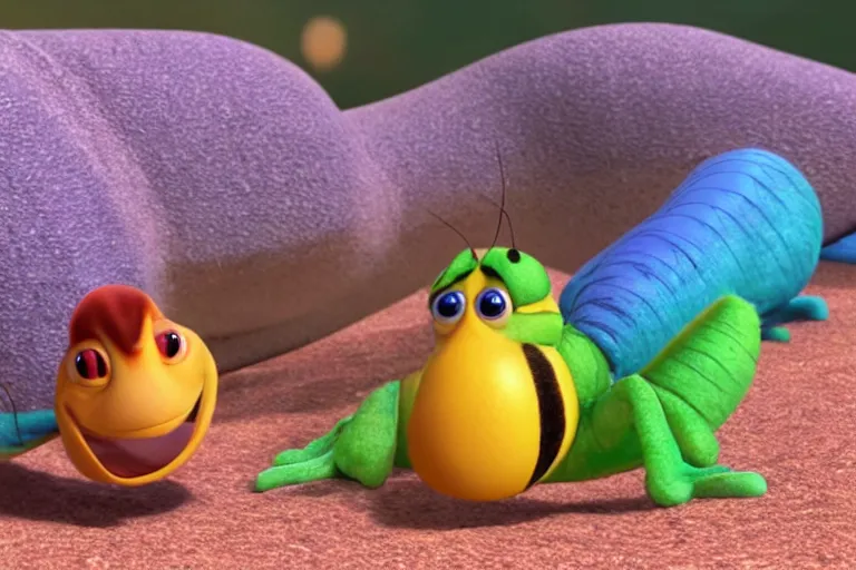 Image similar to disney pixar's a bug's life, cgi caterpillar colorful, furry caterpillar