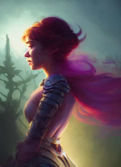 Image similar to side portrait, imogen poots, paladin, fantasy, gloomhaven, luminescent, organic painting, gaudy colors, octane render, unreal engine, by greg manchess, huang guangjian, gil elvgren, sachin teng, greg rutkowski, jesper ejsing, ilya kuvshinov