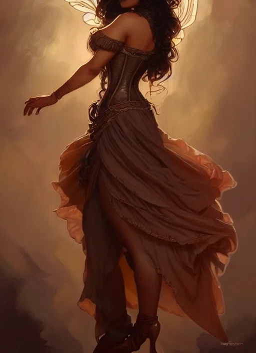 Image similar to cute brown woman wearing a translucent corset dress, fantasy, intricate, highly detailed, digital painting, artstation, concept art, wallpaper, smooth, sharp focus, illustration, art by artgerm and greg rutkowski and alphonse mucha