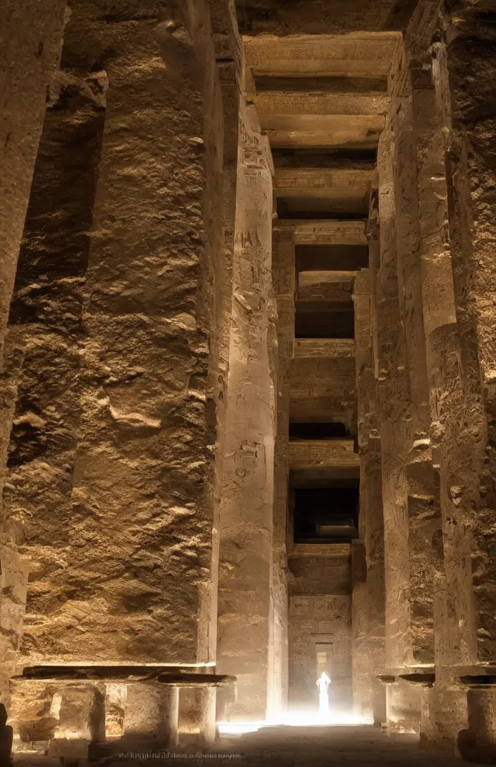 Image similar to punisher symbol is giant entrance into ancient egyptian temple with luminous smoke and light rays.