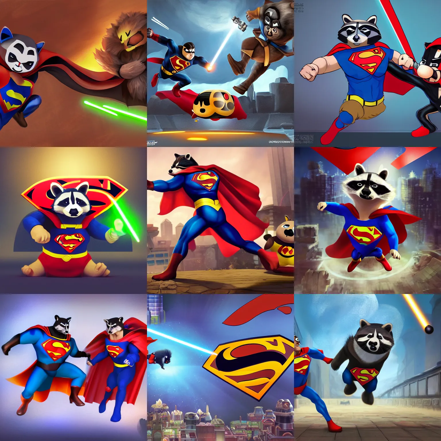 Image similar to Raccoon-superman fighting against darth-raccoon on a kirby-themed super-smash-bros-level, super highly detailed, professional digital painting, artstation, concept art, smooth, sharp focus, no blur, no dof, extreme illustration, Unreal Engine 5, Photorealism, HD quality, 8k resolution, cinema 4d, 3D, beautiful, cinematic, art by artgerm and greg rutkowski and alphonse mucha and loish and WLOP