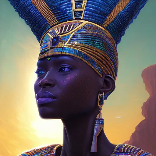 Image similar to highly detailed portrait of an african egyptian goddess, intricate alien technology, stephen bliss, unreal engine, fantasy art by greg rutkowski, loish, rhads, ferdinand knab, makoto shinkai and lois van baarle, ilya kuvshinov, rossdraws, tom bagshaw, global illumination, radiant light, detailed and intricate environment