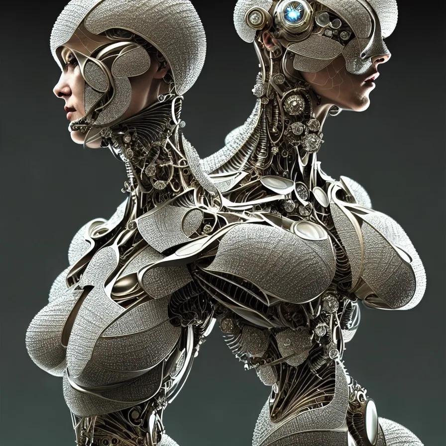 Image similar to organic cyborg, diamond sculpture, baroco style, diffuse lighting, fantasy, intricate, elegant, highly detailed, lifelike, photorealistic, digital painting, artstation, illustration, concept art, smooth, sharp focus, by john collier and albert aublet and krenz cushart and artem demura and alphonse mucha.