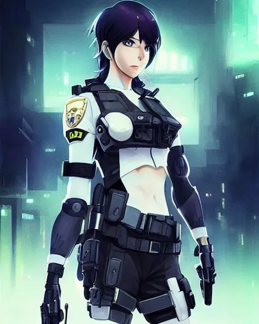 Image similar to nami, anime key visual of a young female swat officer, neon, cyberpunk, futuristic, white clothing, black vest, swat helmet, stunning, highly detailed, digital painting, smooth, soft focus, illustration, 4 k digital art from artstation by artgerm and greg rutkowski and alphonse mucha