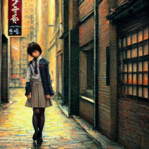 Image similar to a perfect, realistic professional oil painting in impressionism style, of a Japanese schoolgirl posing in a dystopian alleyway, close-up, by a professional American senior artist on ArtStation, a high-quality hollywood-style concept