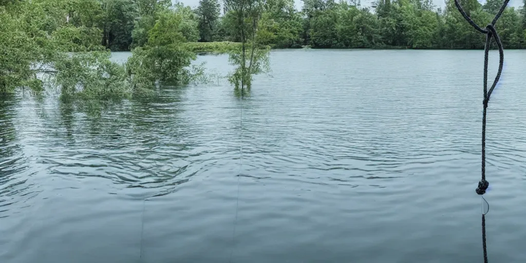 Image similar to symmetrical photograph of an infinitely long rope floating on the surface of the water, the rope is snaking from the foreground stretching out towards the center of the lake, a dark lake on a cloudy day, trees in the background, anamorphic lens, surreal