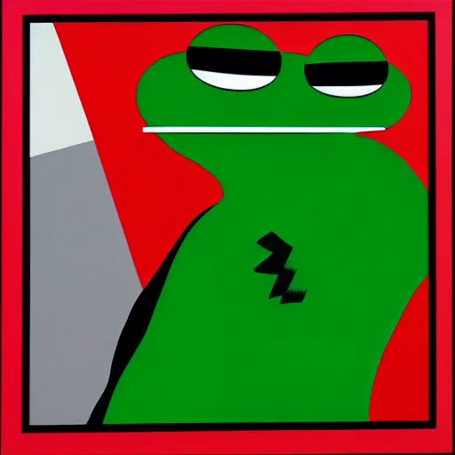 Prompt: pepe the frog casting a large shadow. precisionism, minimalism by patrick nagel