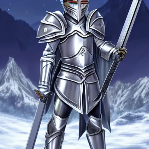 Image similar to paladin wearing silver amour with mirror finish, wielding a longsword that gleams like the sun. he is wearing a teutonic helmet, inside his eyes glow like the sun. background of snowy mountains. anime.