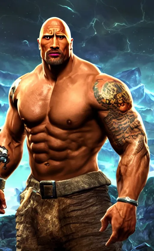 Image similar to Dwayne Johnson as a character in the game League of Legends, with a background based on the game League of Legends, detailed face, old 3d graphics