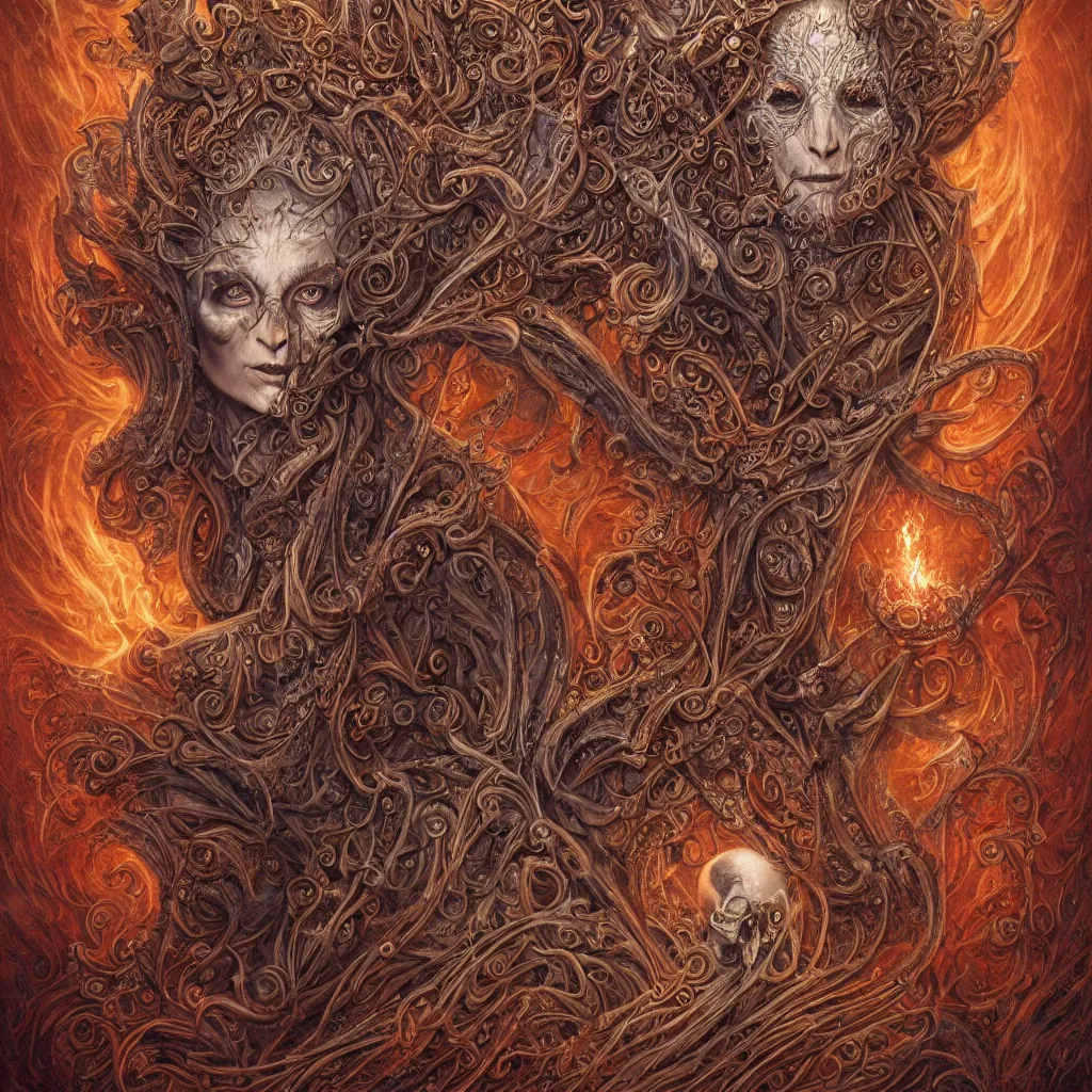 Image similar to A beautiful detailed orixa, tarot card, by tomasz alen kopera and Justin Gerard, symmetrical features, ominous, magical realism, texture, intricate, ornate, royally decorated, skull, skeleton, whirling smoke, embers, red adornements, red torn fabric, radiant colors, fantasy, trending on artstation, volumetric lighting, micro details, 3d sculpture, ray tracing, 8k, anaglyph effect