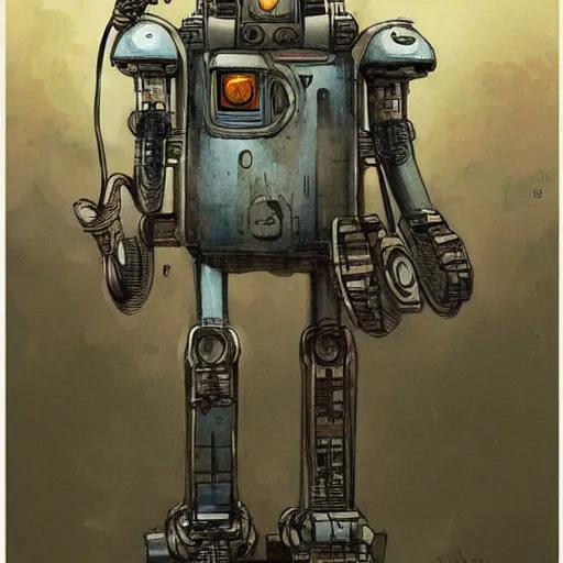 Prompt: retrofuturist robot by jean baptiste monge, muted colors,