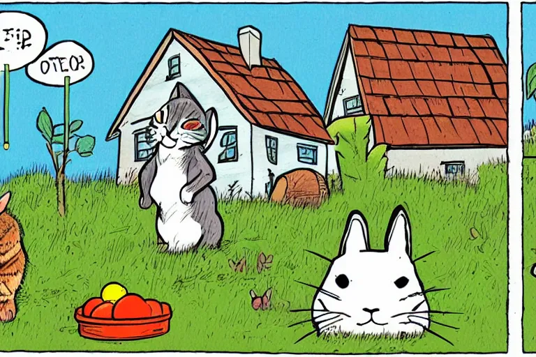 Image similar to a rabbit and a cat dressed in cottagecore living in a cottage, the rabbit has a vegetable garden and the cat is fixing the roof, comic book art style, pictures in sequence, storyboarding, speech bubbles