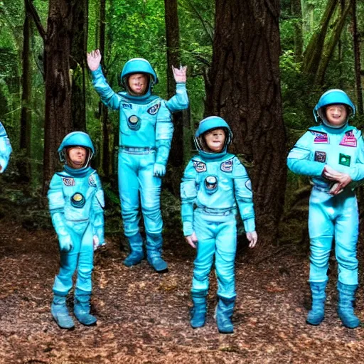 Image similar to a squad of space scouts wearing cyan camo uniforms with white armor and helmets exploring a forest planet