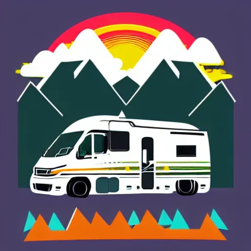 Prompt: minimal vector art sticker of a white and black cute thor chateau! motorhome camper!!, mountains, colorful sunset!!, dramatic, warm happy colors, thick lines, very minimal vector art, sticker!! by tom whalen