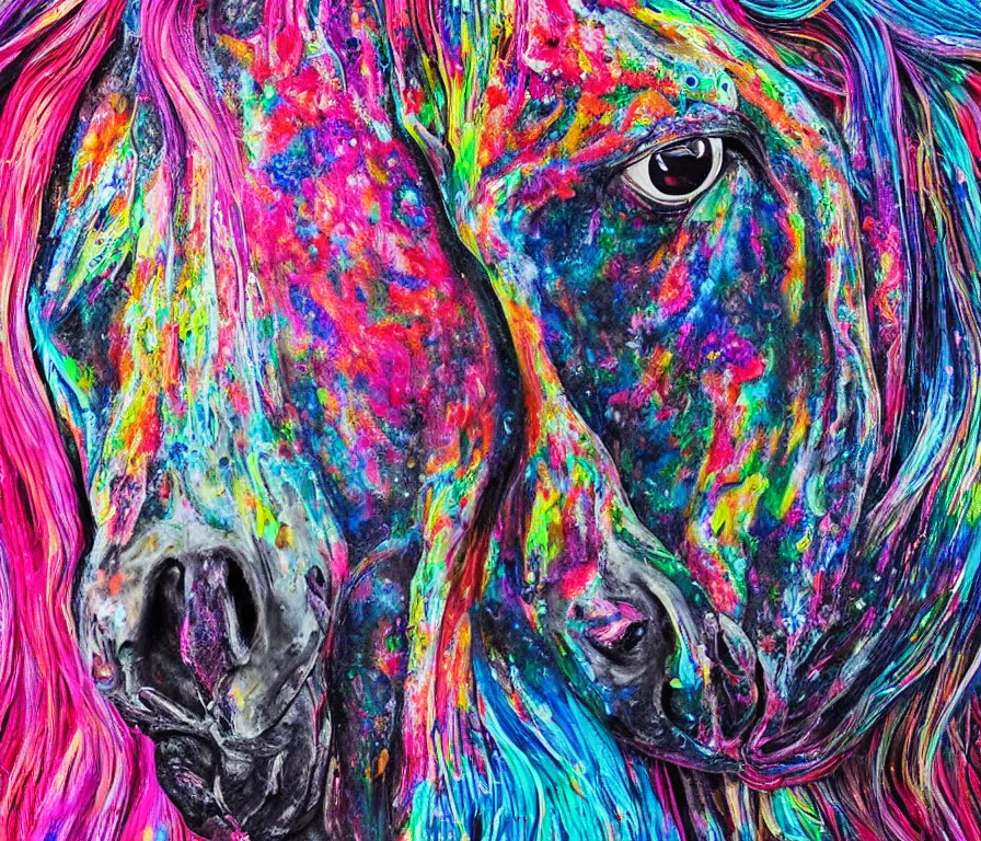 Prompt: still shot close up footage of the portrait of a horse head made of acrylic pour and coloured powder explosion and splashing paint and dripping paint and flying paint chunks, motion blur, hyperrealistic, medical, intricate art photography, anatomically correct, realistic crisp textures, 1 6 k