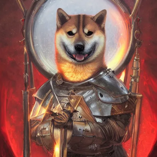 Image similar to anthropomorphic shiba inu, medieval armor and medieval crossbow, dark glowing red aura, fantasy, dark graveyard scene, portrait art by donato giancola and greg rutkowski, realistic face, digital art, trending on artstation, symmetry