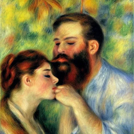 Image similar to art by renoir, bearded man kissing bearded man