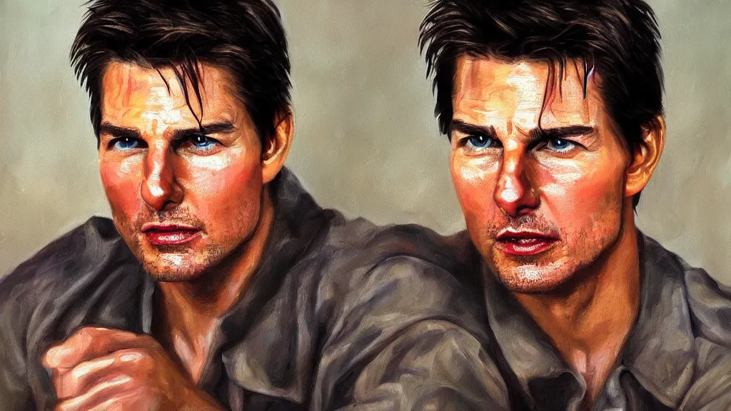 Image similar to A portrait painting of Tom Cruise; the most beautiul painting in the world; trending on artstation; oil on canvas; correct face; correct eyes; anatomically correct; extraordinary masterpiece!!!!!!; 8k