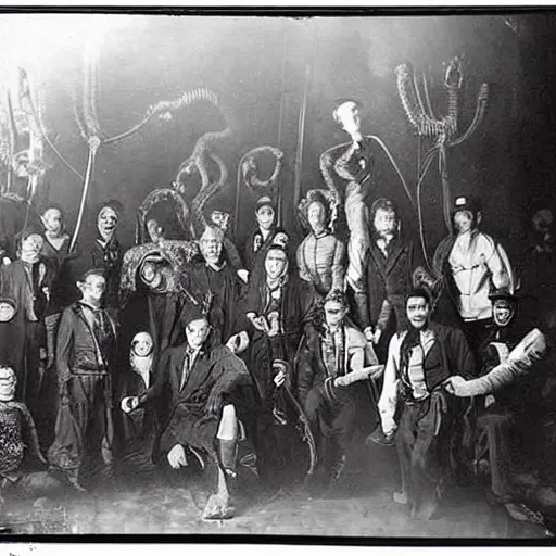 Image similar to historic photo, epic image of a Lovecraft circus with otherworldly beasts