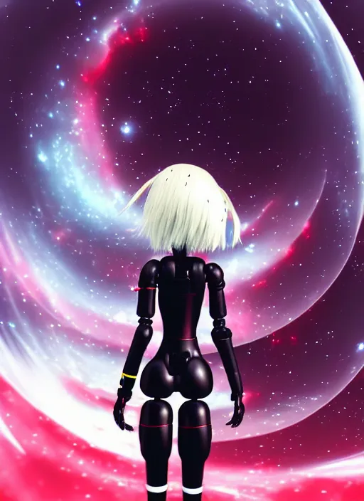 Prompt: modern art sculpture of a hopeful pretty astronaut lady with a wavy blonde hair, 4k resolution, nier:automata inspired, bravely default inspired, vibrant but dreary but upflifting red, black and white color scheme!!! ((Space nebula background))