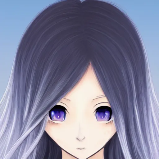 Image similar to young woman with long wavy light silver hair, with blackness instead of eyes, anime