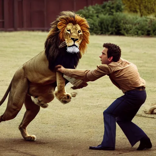 Image similar to dennis reynolds working as a lion tamer, action shot, 8 k