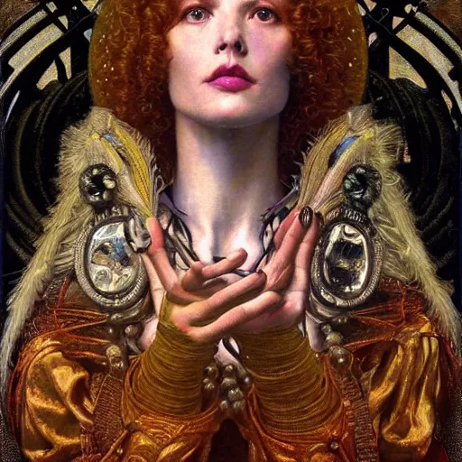 Image similar to renaissance portrait of an art deco machine priestess, reflective detailed textures, highly detailed fantasy science fiction painting by annie swynnerton and jean delville and moebius, norman rockwell and william holman hunt. modern industrial shaman, rich colors, high contrast. artstation