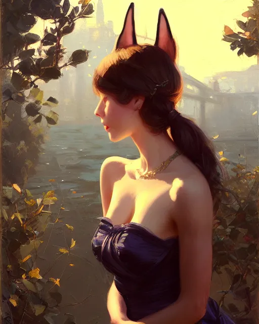 Image similar to a potrait of a girl with small cat ears, fine details. night setting. realistic shaded lighting poster by craig mullism, artgerm, jeremy lipkin and michael garmash, unreal engine, radiant light, detailed and intricate environment, digital art, trending on art station