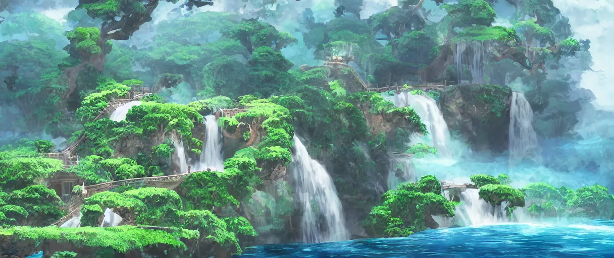 Image similar to a small crumbling island with waterfalls flowing off the island, floating in space, studio ghibli, digital art, detailed, depth of field