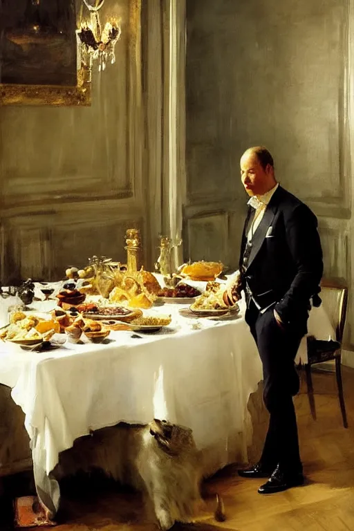 Image similar to portrait of a respectable dignified royal business elite politician standing on top of a finely set table calmly stepping in the food art by anders zorn, wonderful masterpiece by greg rutkowski, beautiful cinematic light, american romanticism by greg manchess, jessica rossier