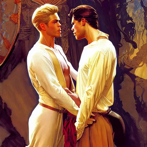 Prompt: attractive fully clothed king confesses his love for his attractive fully clothed male prince. highly detailed painting by j. c. leyendecker, craig mullins, gaston bussiere, mark brooks