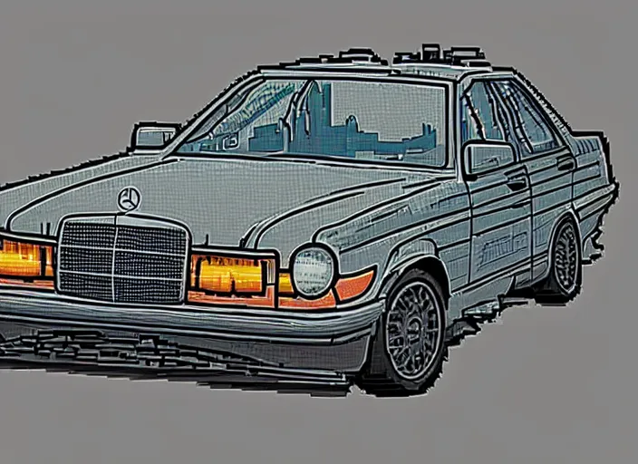 Prompt: burning wrecked mercedes 1 2 4, pixelart by kirokaze, award winning. dramatic. trending on artstation, low resolution sync, by monochrome game boy games