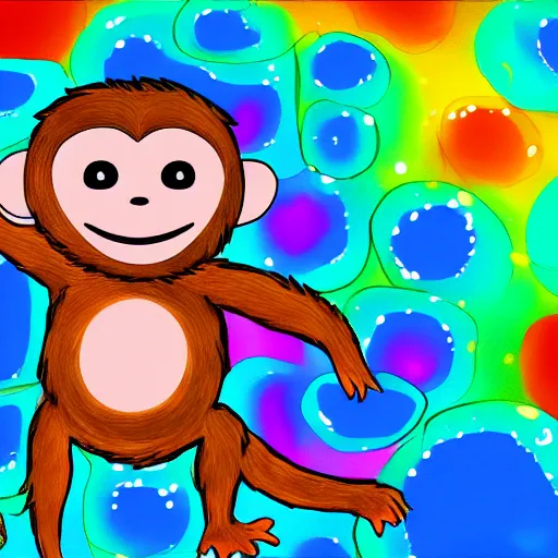 Image similar to excited young monkey underwater, sparkly, colorful, digital painting