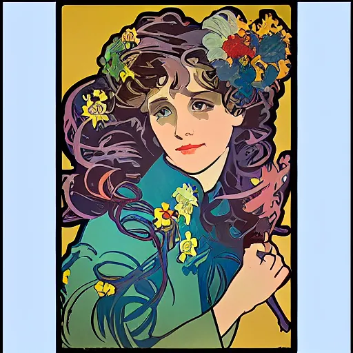 Prompt: balloon pop art in the style of alphonse mucha