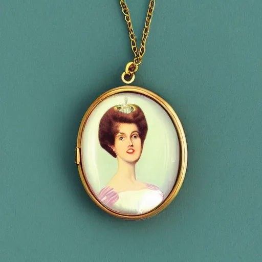 Prompt: open golden locket pendant with a retro photo of an elegant and aesthetic woman portrait, hanging from a closed hand.