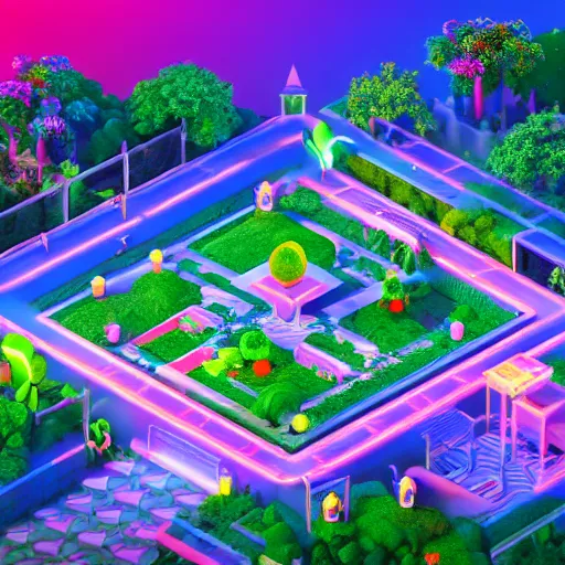 Prompt: isometric world of paradise garden on dark background, neon lights, video game, octane render, pixar style, unreal engine, dynamic light