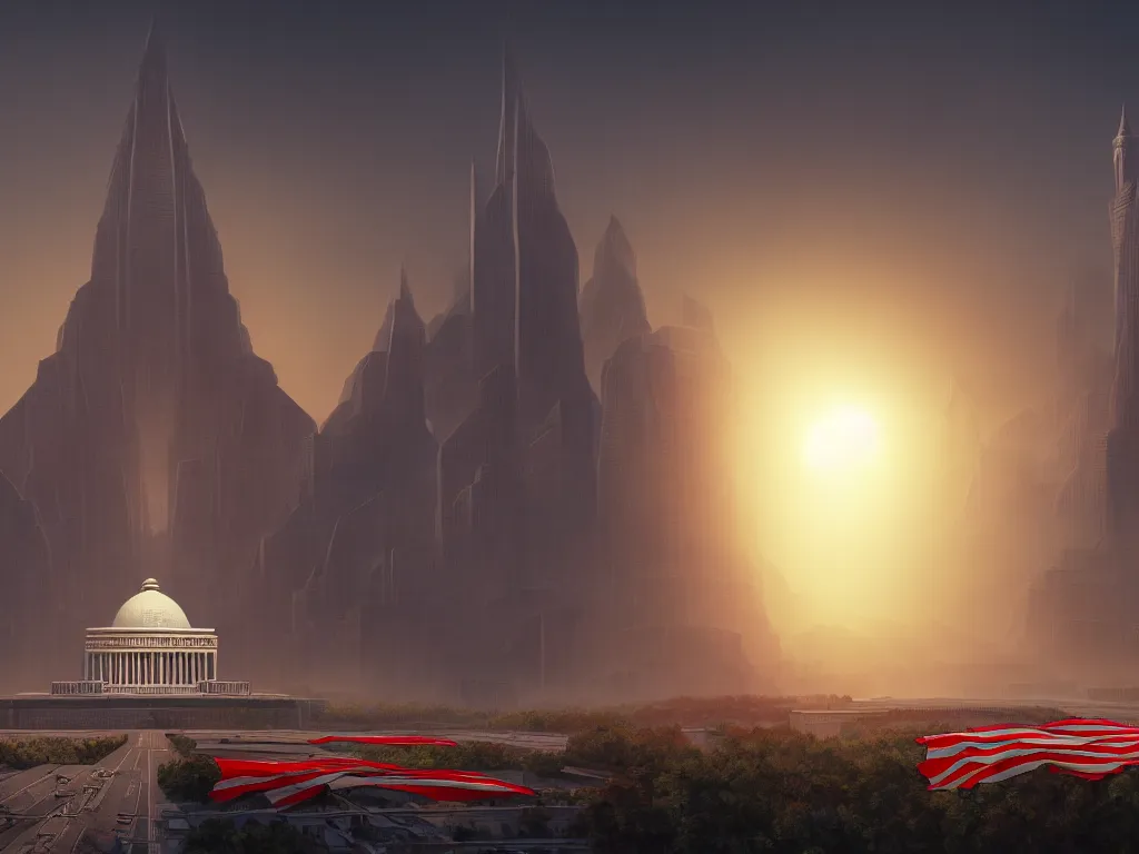 Image similar to landscape matte painting by fan wennan. communist american capitol megastructure shining in the sun after the triumph of socialism in america, communist american state flag, communist statue and emblem, digital painting, awe, bright future, hope, highly detailed, 4 k, artstation, photorealistic, architecture, america 2 0 9 8